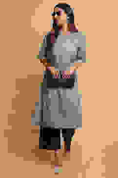 Grey Cotton Kurta Pants Set image number 3