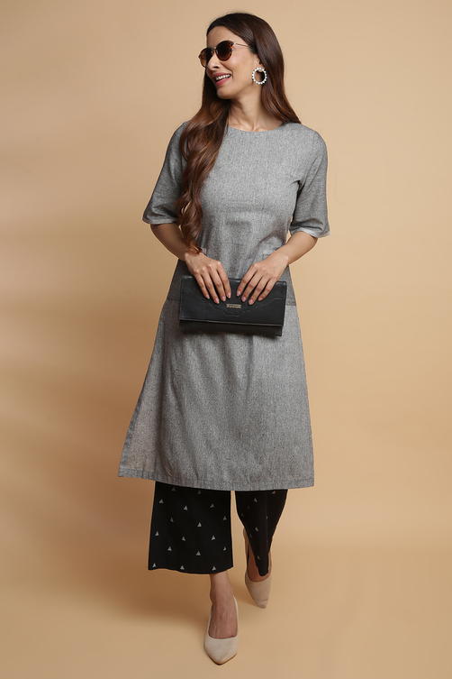 Navy Cotton Straight Kurta Palazzo Suit Set image number 3