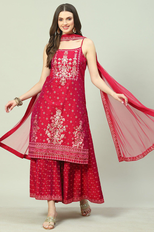 Magenta Cotton Blend Straight Printed Kurta Suit Set image number 0