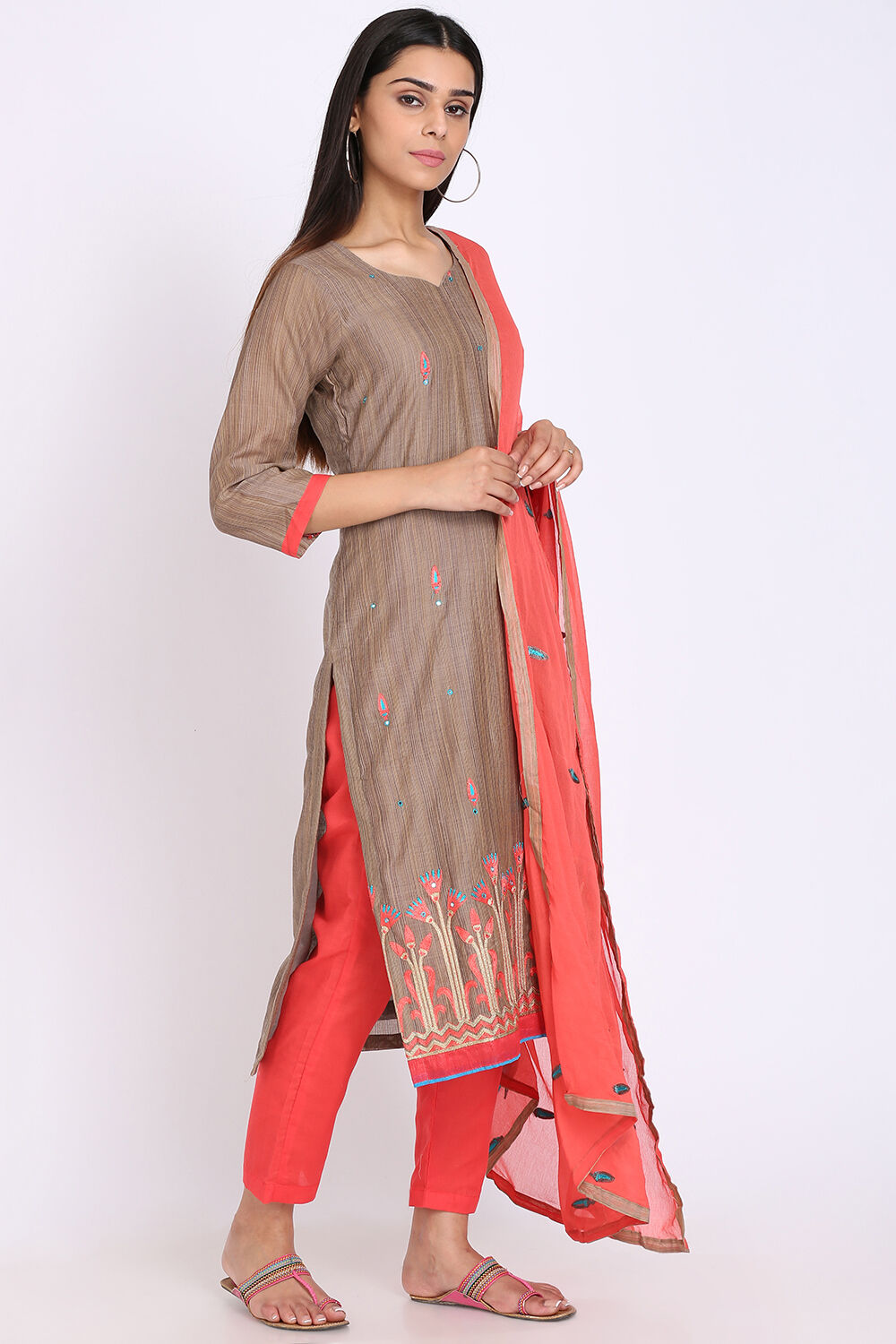 Beige Chanderi Power Loom Unstitched Suit Set image number 3