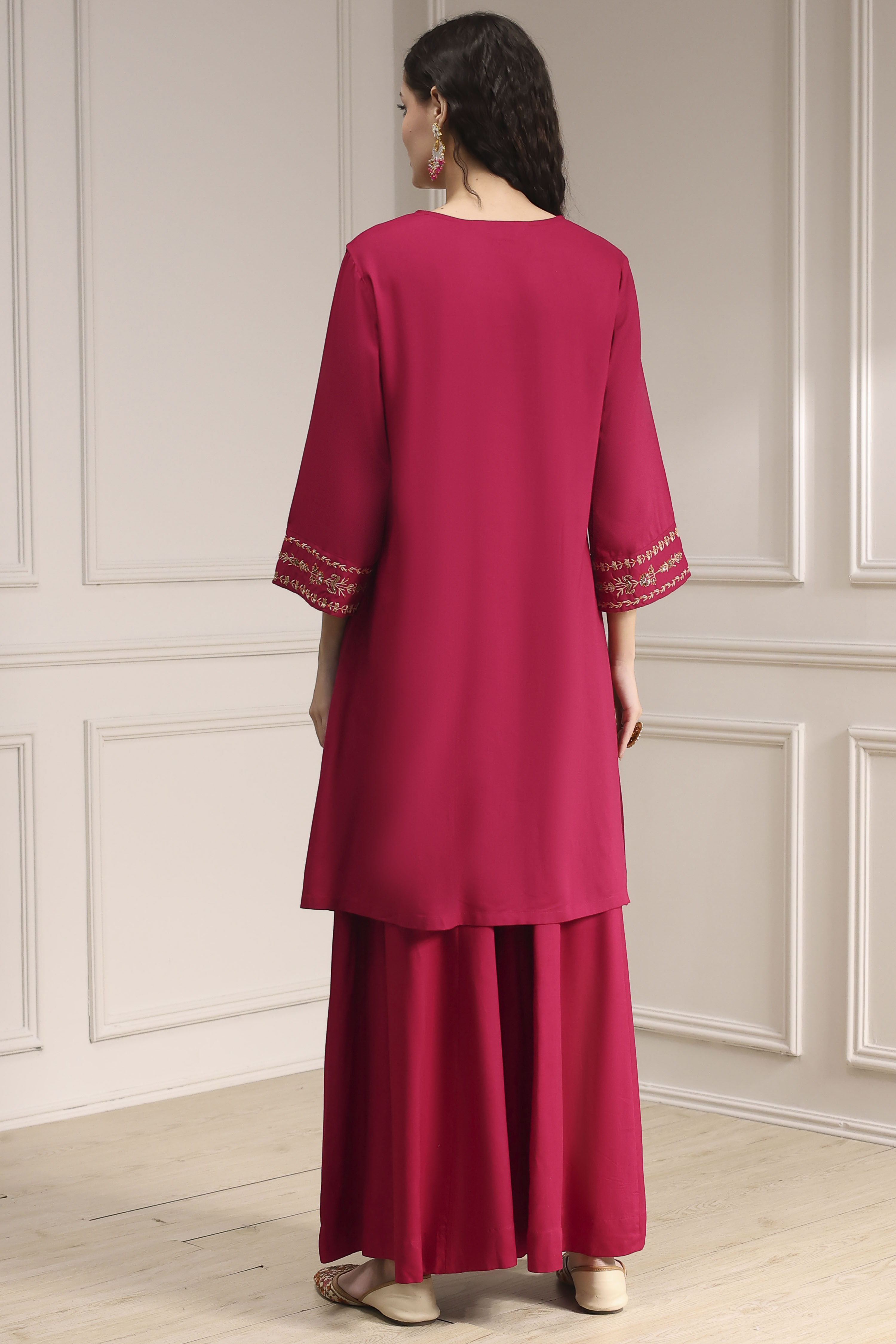 Navy Blue Embroidered Straight Suit Set image number 4