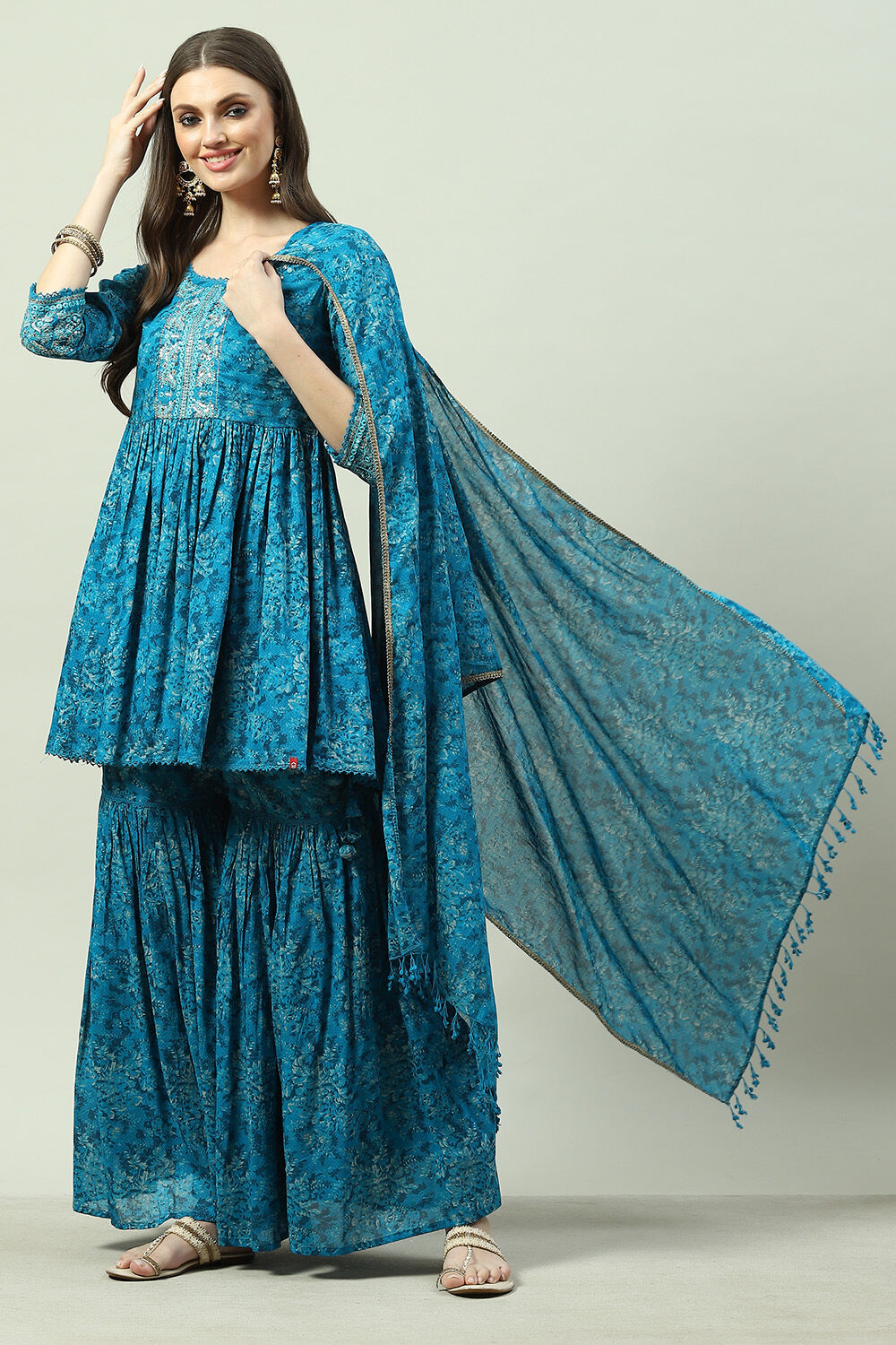 Teal Blue Cotton Anarkali Kurta Garara Suit Set image number 0