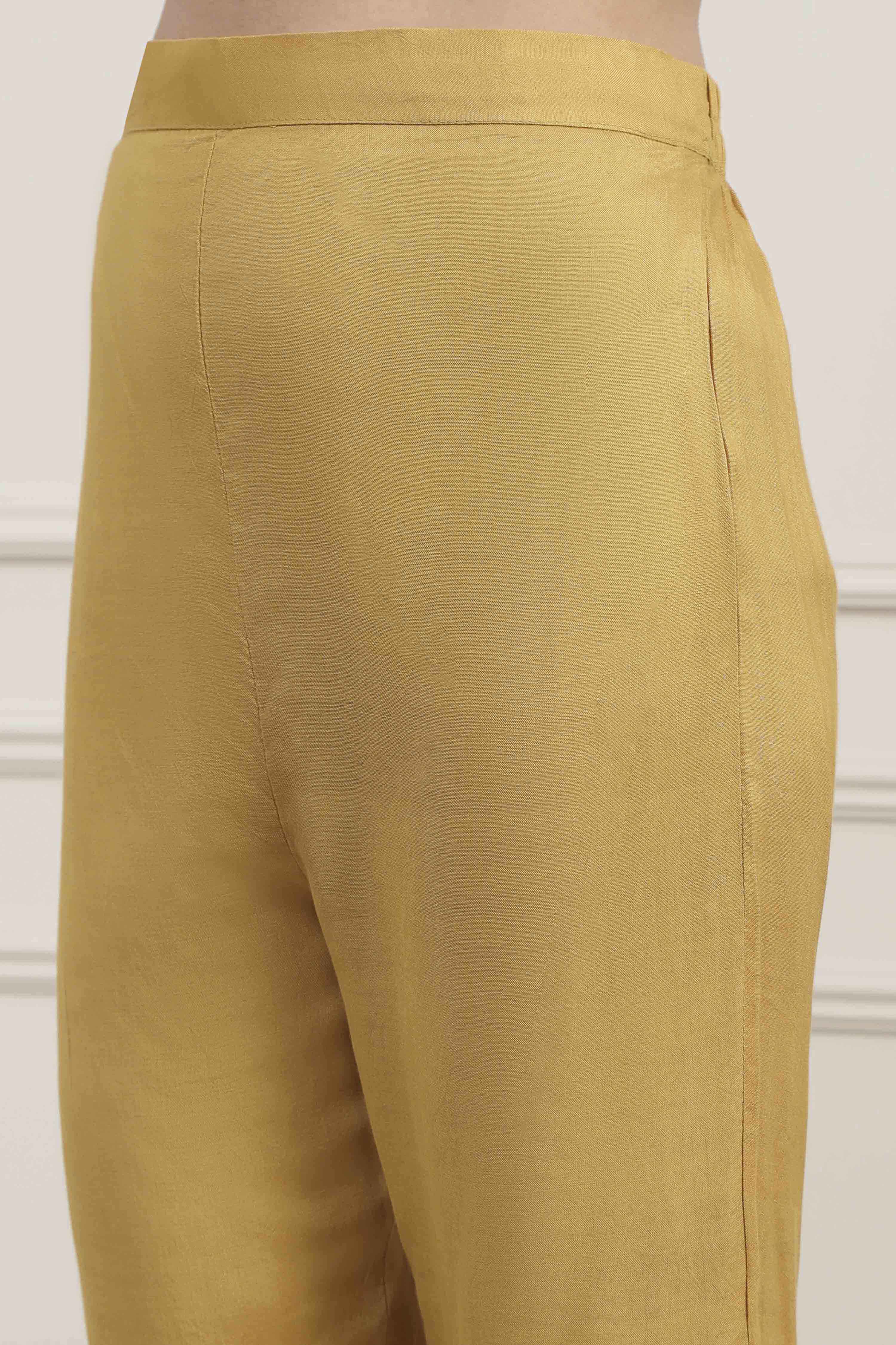 Mustard Silk Blend Machine Embroidered Unstitched Suit Set image number 3