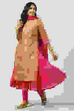 Fuschia Cotton Layered Kurta Churidar Suit Set image number 6