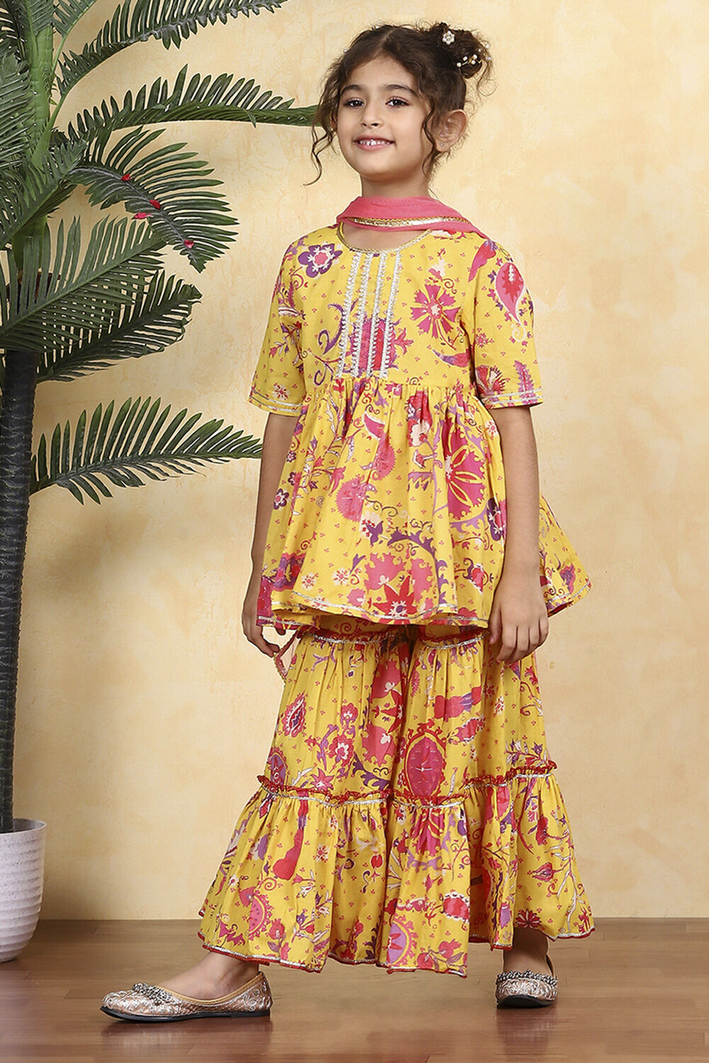 Yellow Cotton Printed Kalidar Sharara Suit Set image number 3