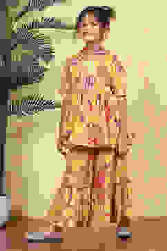 Yellow Cotton Printed Kalidar Sharara Suit Set image number 3