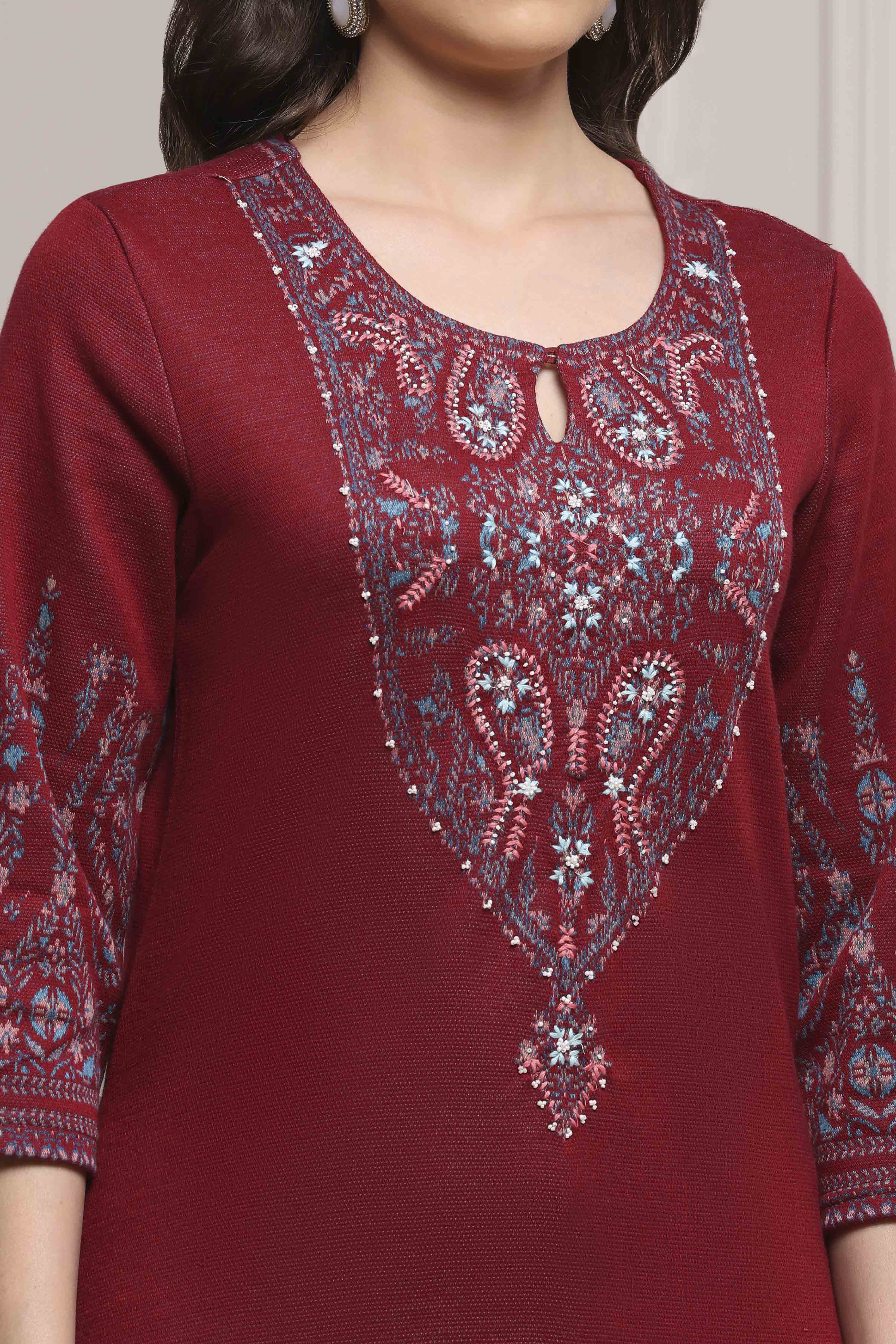 Green-Maroon Cotton Blend Yarndyed Kurta image number 1