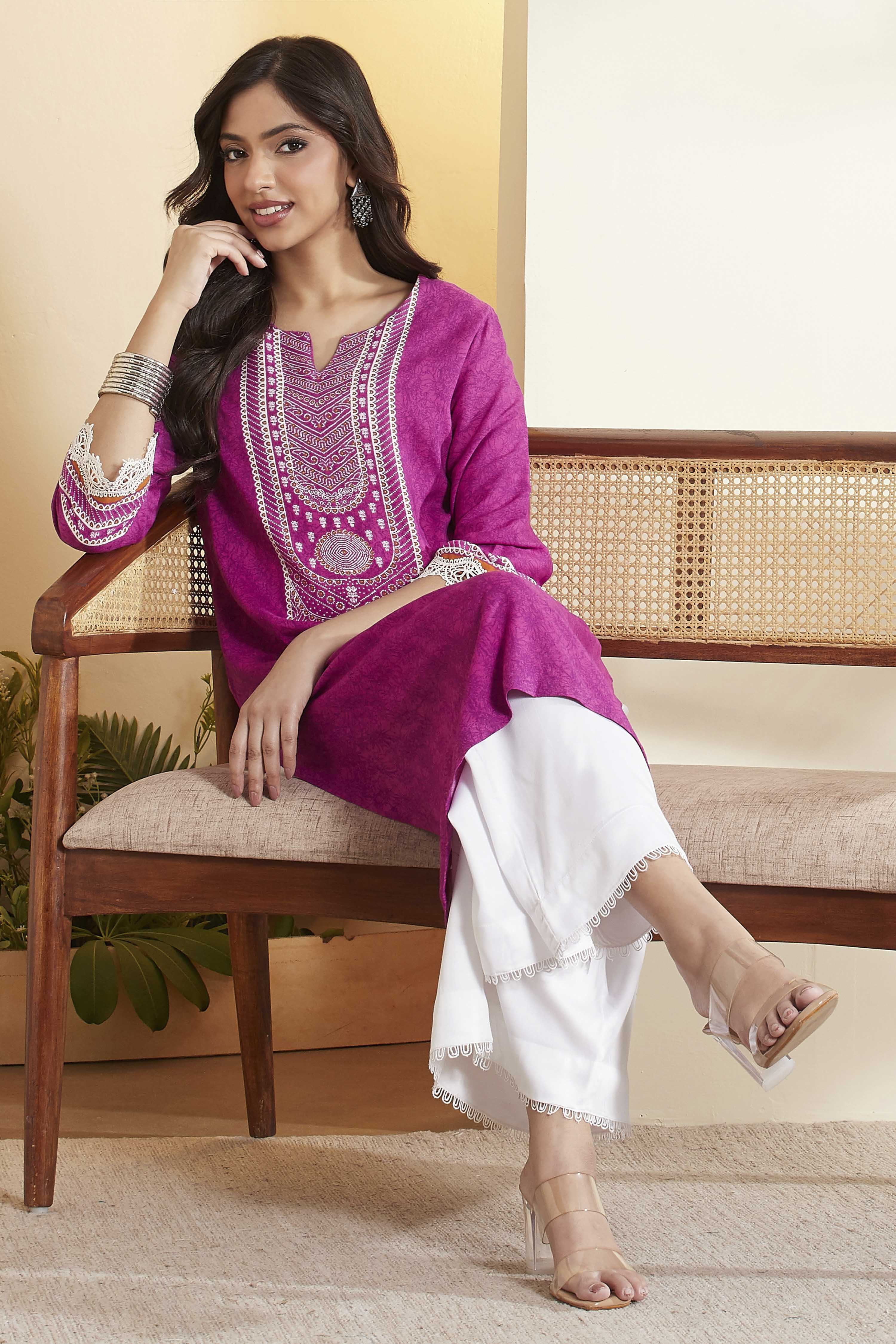 Purple Viscose Rayon Printed Straight Kurta image number 0