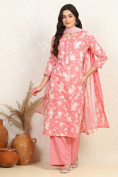 Pink Cotton Screen Print Unstitched Suit Set image number 1