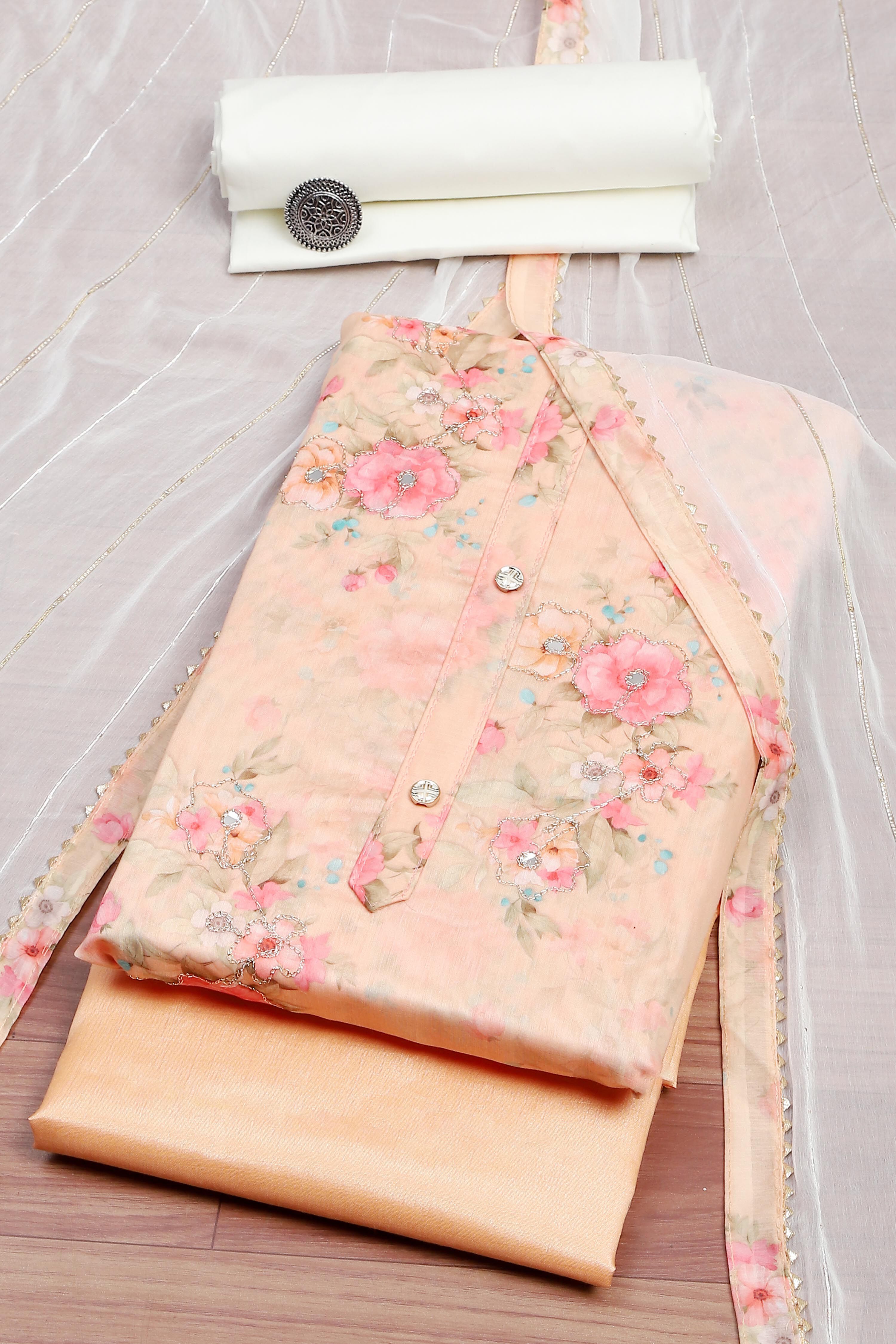 Peach Chanderi  Printed Unstitched Suit Set image number 0