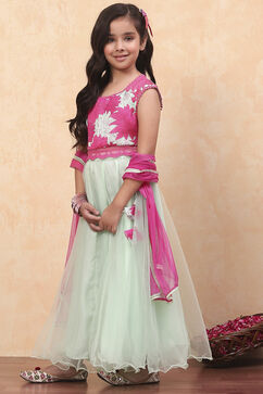 Matcha Green Polyester Blend Gathered Lehenga Set image number 3