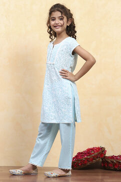 Powder Blue Cotton Straight Printed Kurta Pants Set image number 3