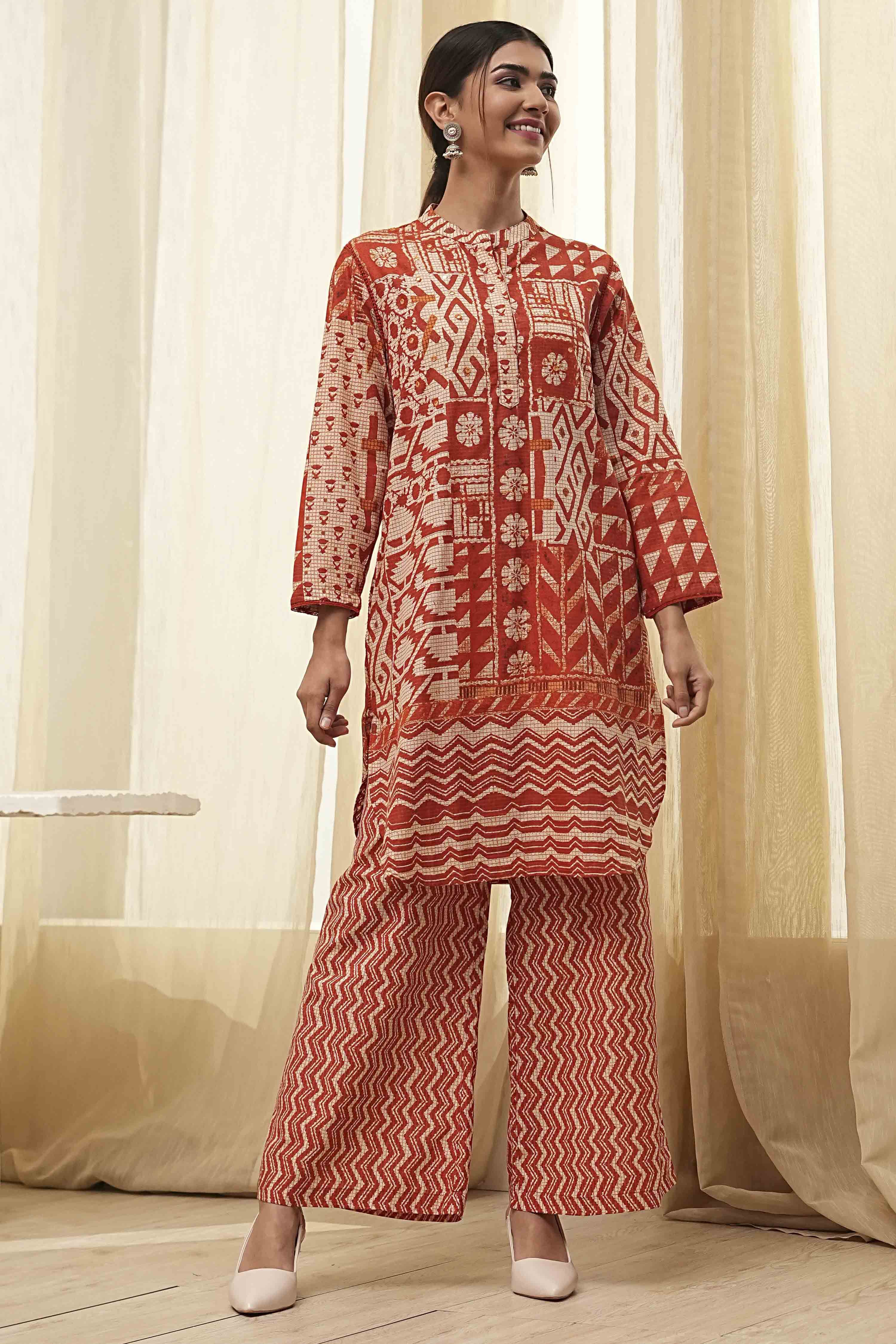 Rust Pure Cotton Printed Kurta Set image number 6
