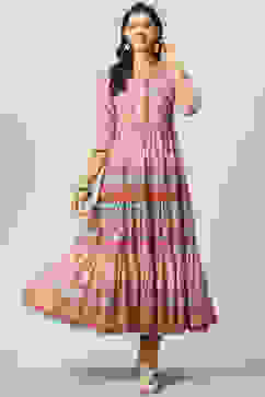 Cream Cotton Tiered Printed Dress image number 0