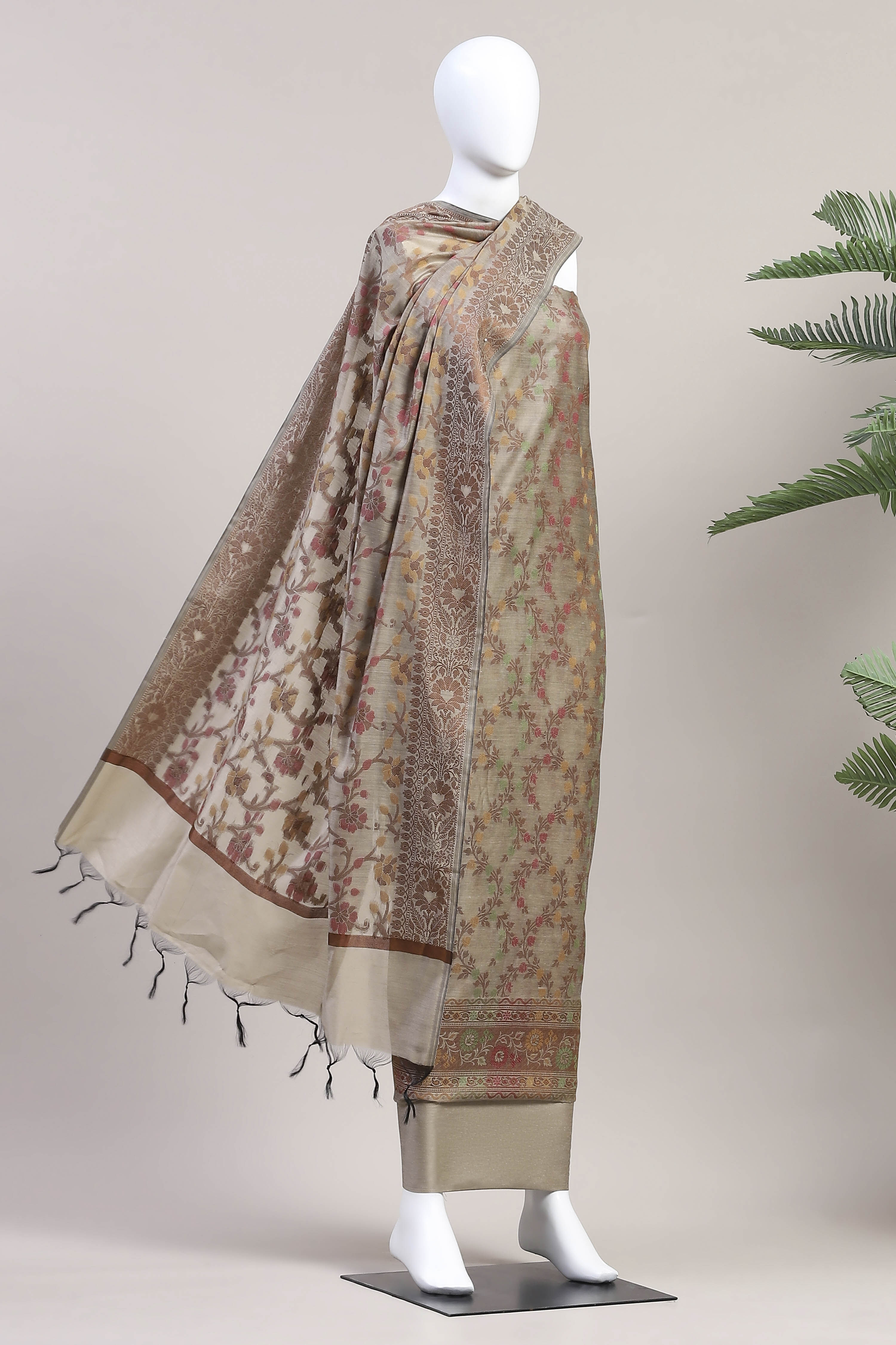 Grey Cotton Printed Embroidered Unstitched Suit Set image number 4