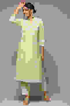 Green Cotton Straight Embroidered Kurta image number 0