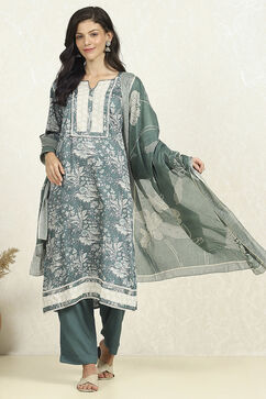 Teal Green Cotton Floral Printed Unstitched Suit Set image number 1