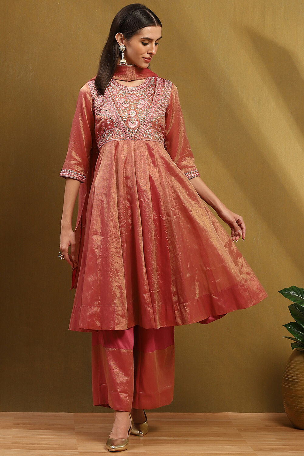 Old Rose-Toned Zari Cotton Embroidered Anarkali Suit Set image number 7