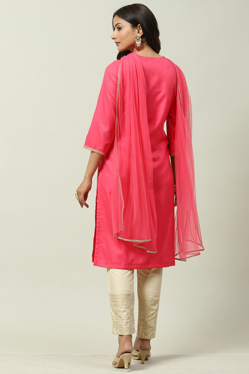 Fuschia Cotton Straight Kurta Pant Suit Set image number 7