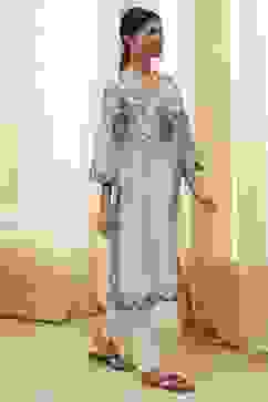 Beige and Blue Cotton Floral Straight Kurta image number 4