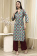 Teal Cotton Printed Straight Kurta image number 5