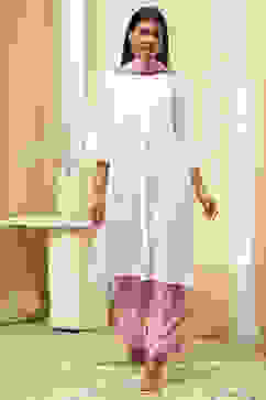 Pink and White Cotton Straight Suit Set image number 6