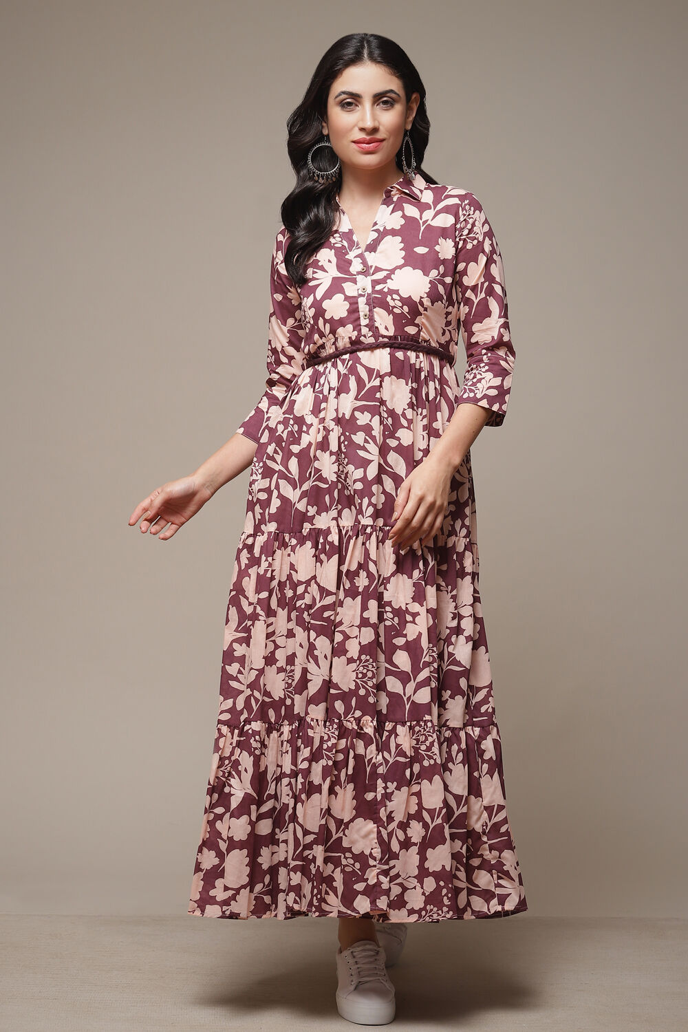 Beige Cotton Tiered Printed Dress image number 1