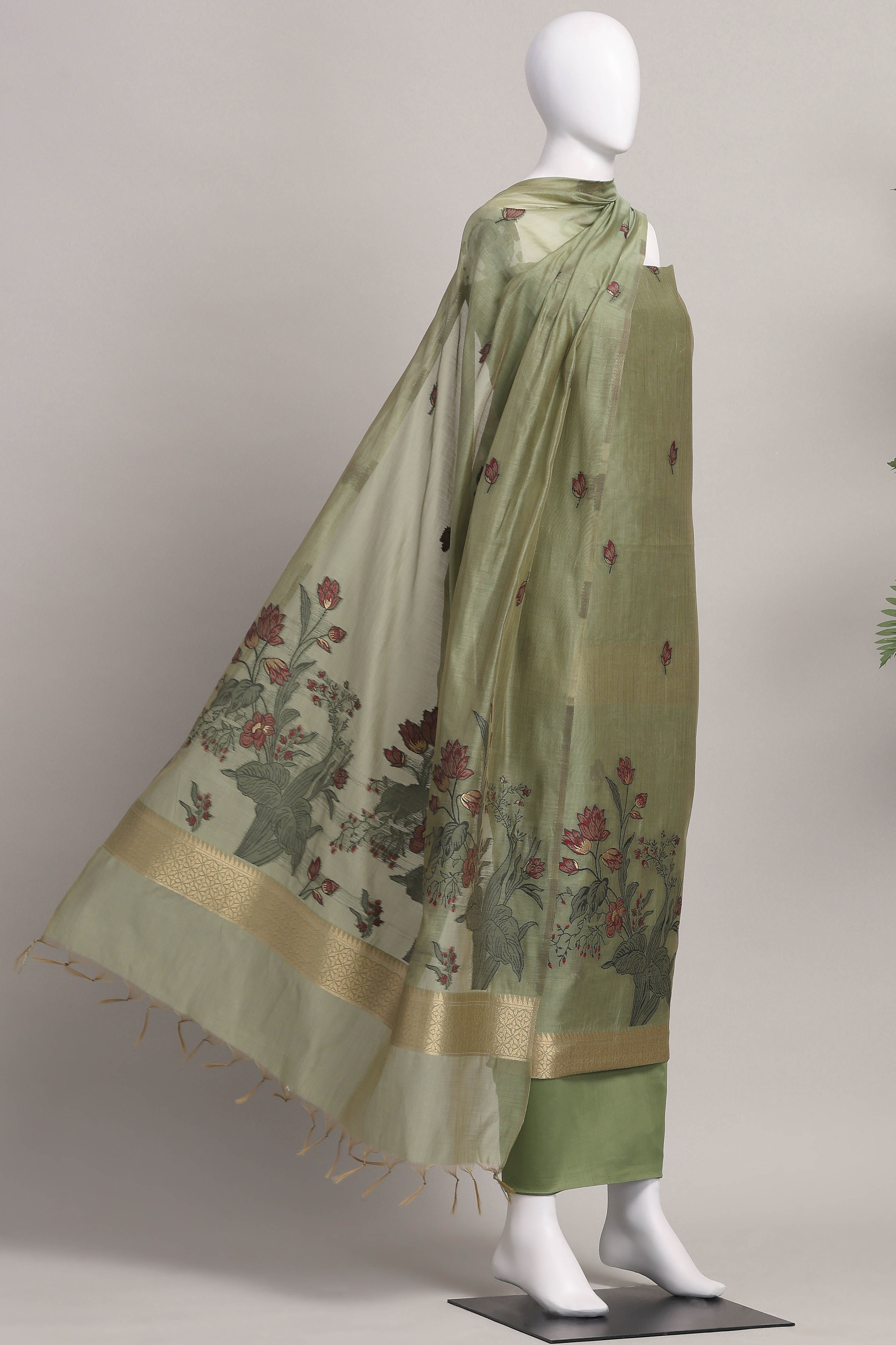 Peach Cotton Jamdani Unstitched Suit Set image number 4