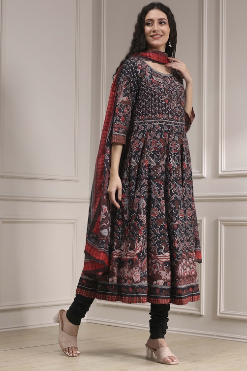 Black Cotton Fitted Anarkali Suit Set image number 5