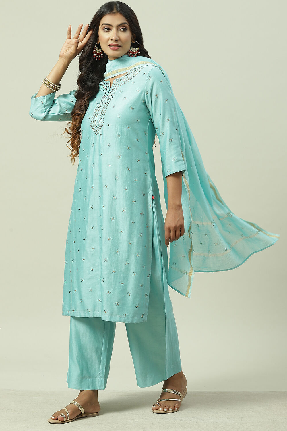 Turquoise Straight Kurta Palazzo Suit Set image number 0