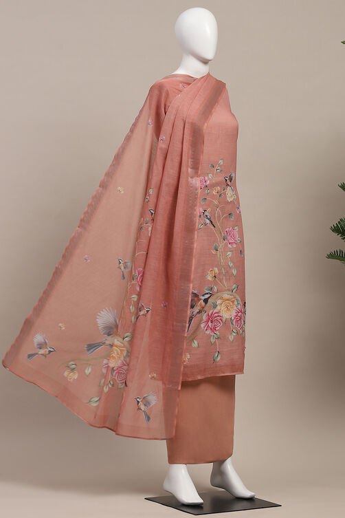 Blue Linen Printed Unstitched Suit Set image number 4