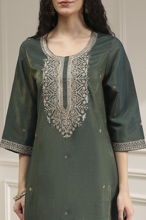 Green Viscose Rayon Straight Solid Suit Set image number 1