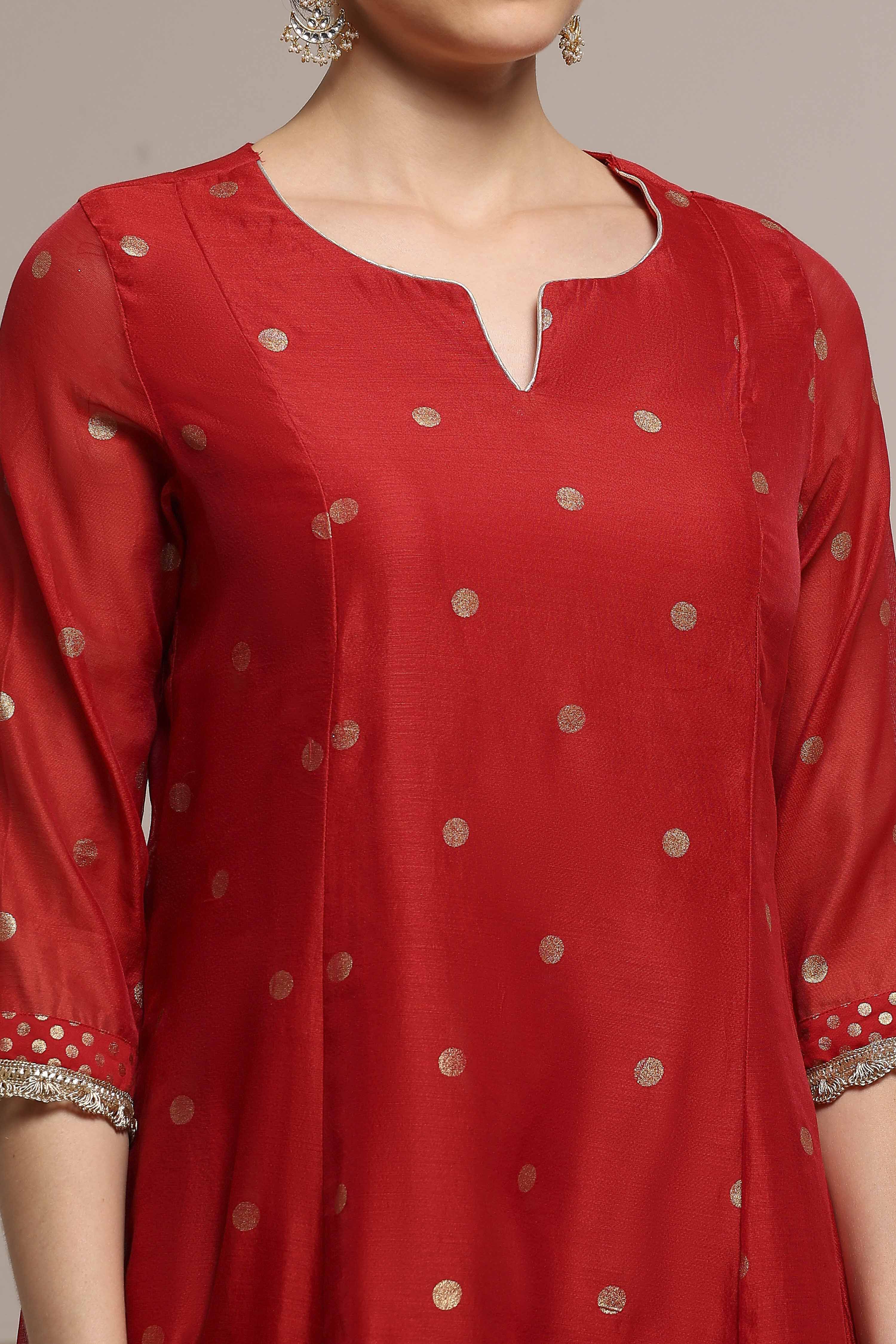 Red Polyester Kalidar Printed Suit Set image number 1