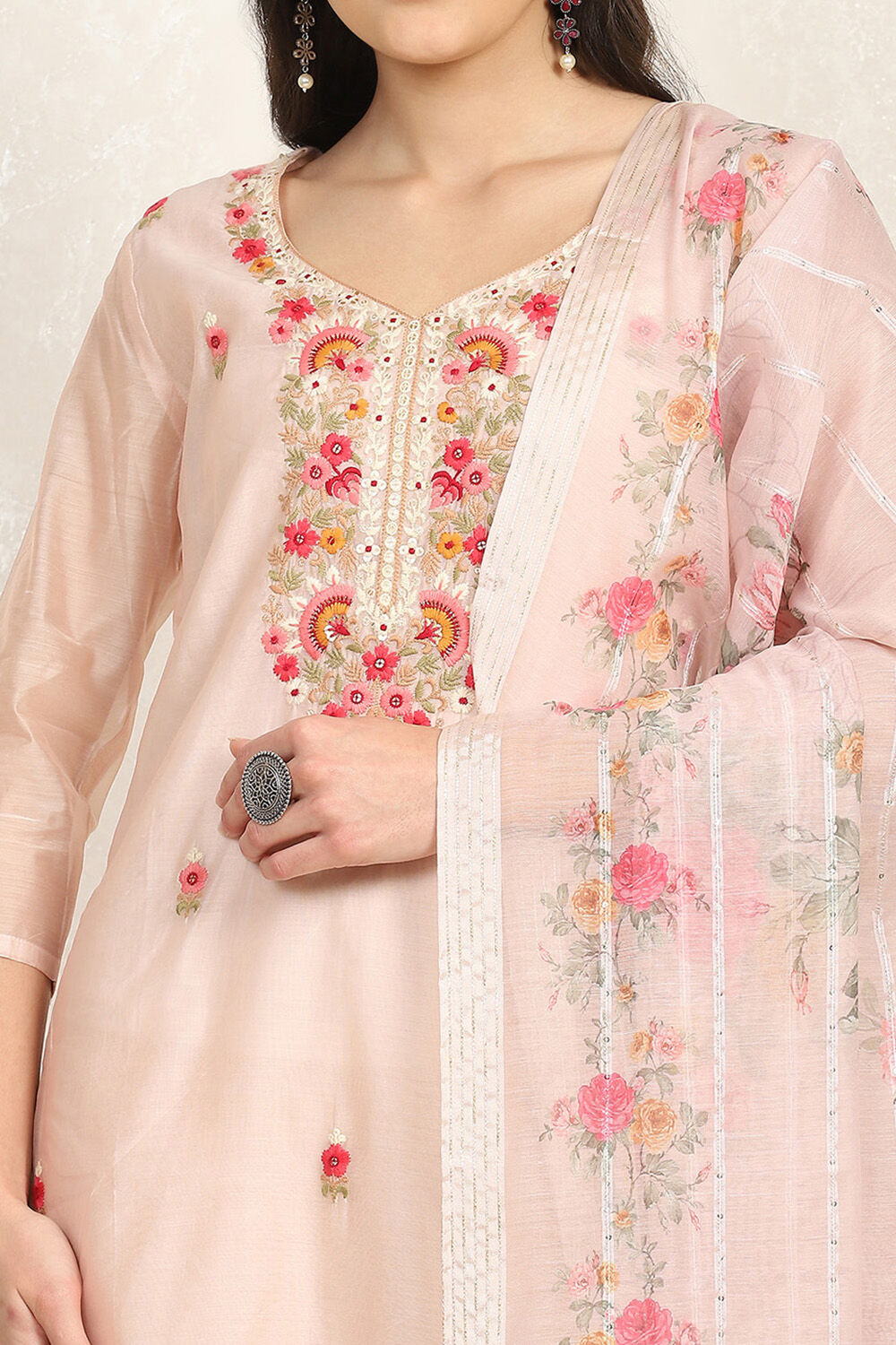 Off White Chanderi Machine Embroidered Unstitched Suit Set image number 2