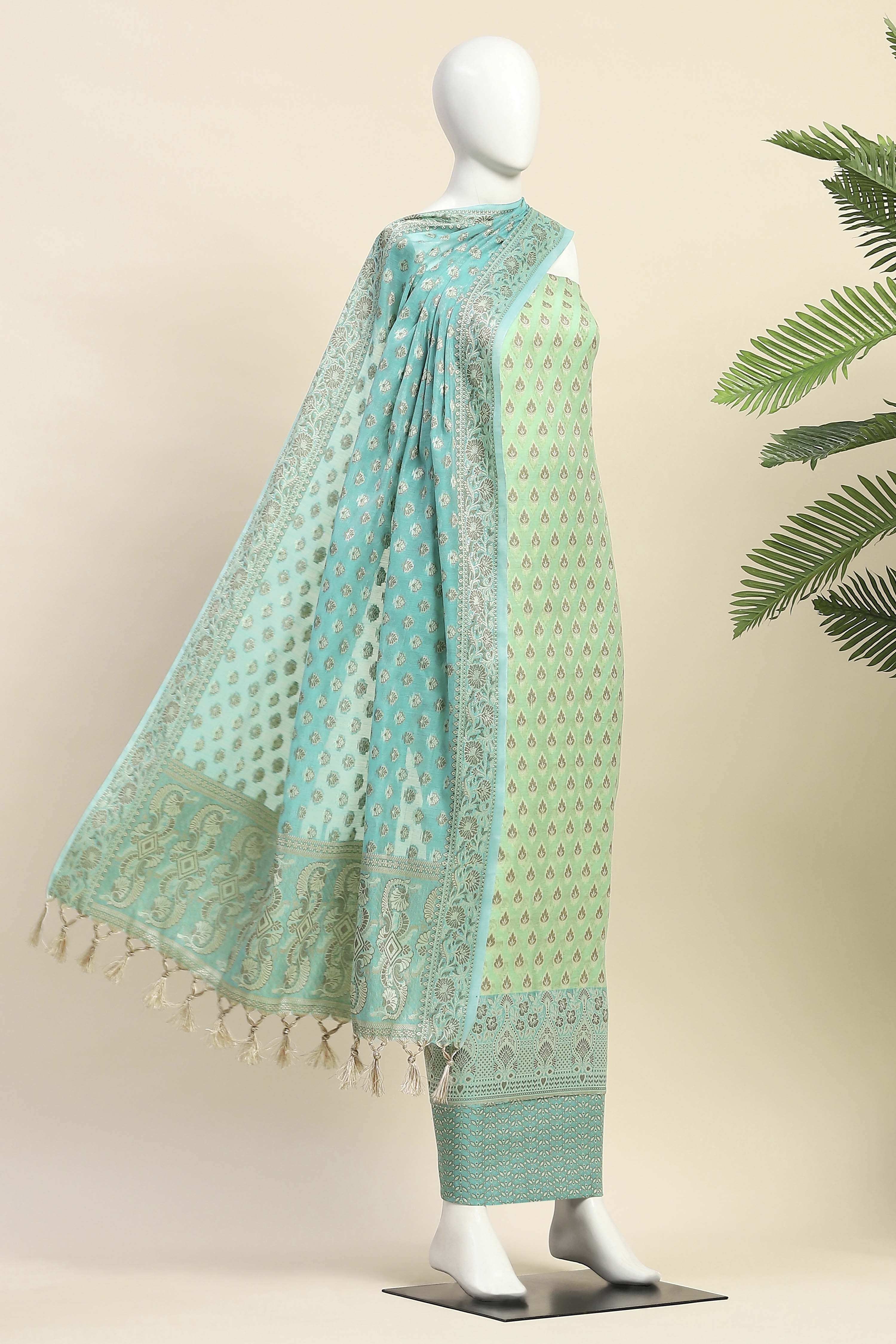 Mehendi Cotton Printed Embroidered Unstitched Suit Set image number 4