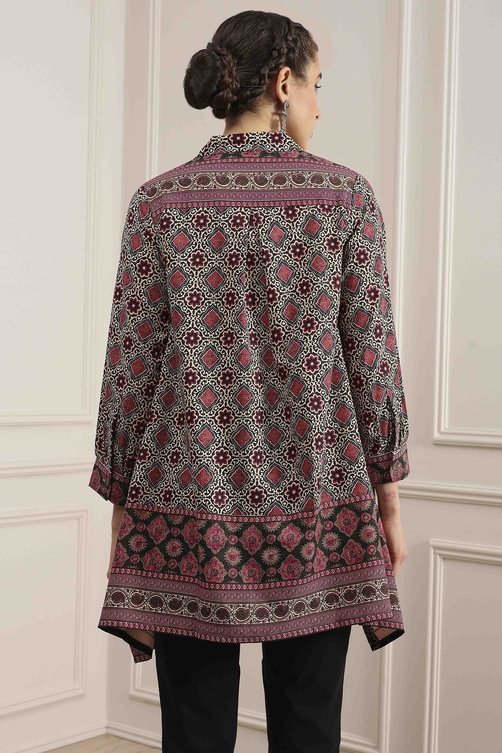 Beige Red Viscose Rayon Relaxed Printed Top image number 3