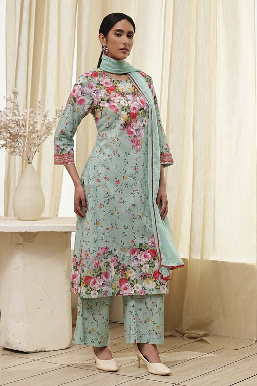 Turquoise Cotton Floral Printed Straight Suit Set image number 5