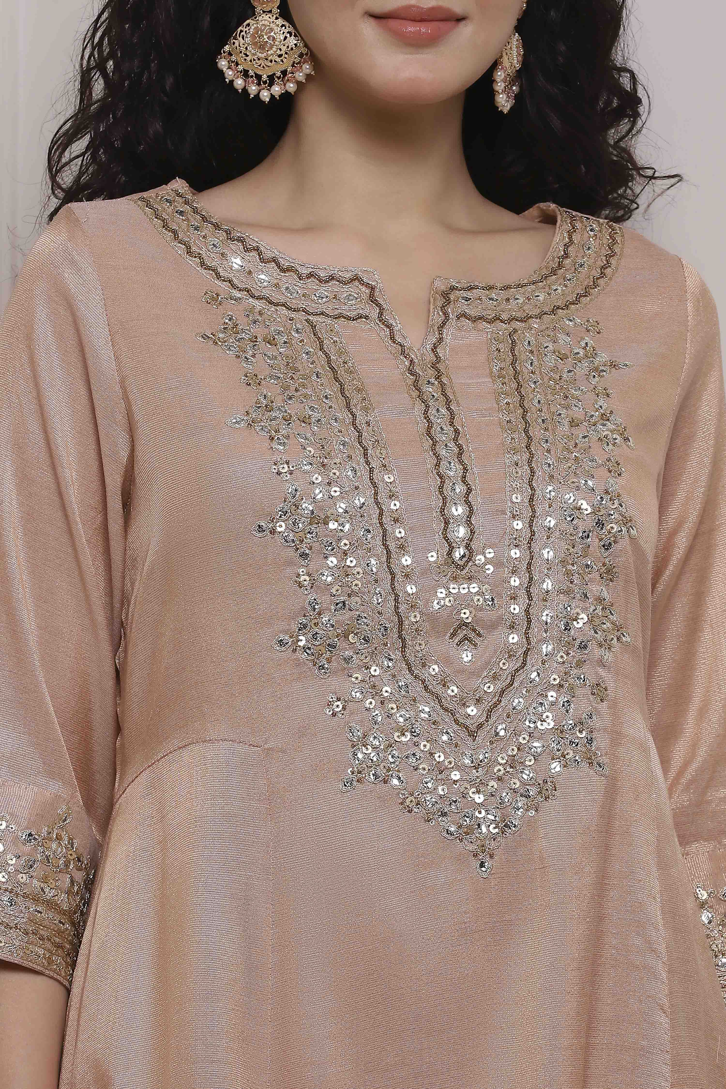 Blush Peach Cotton Tissue Embroidered Dyed Kalidar Suit Set image number 1