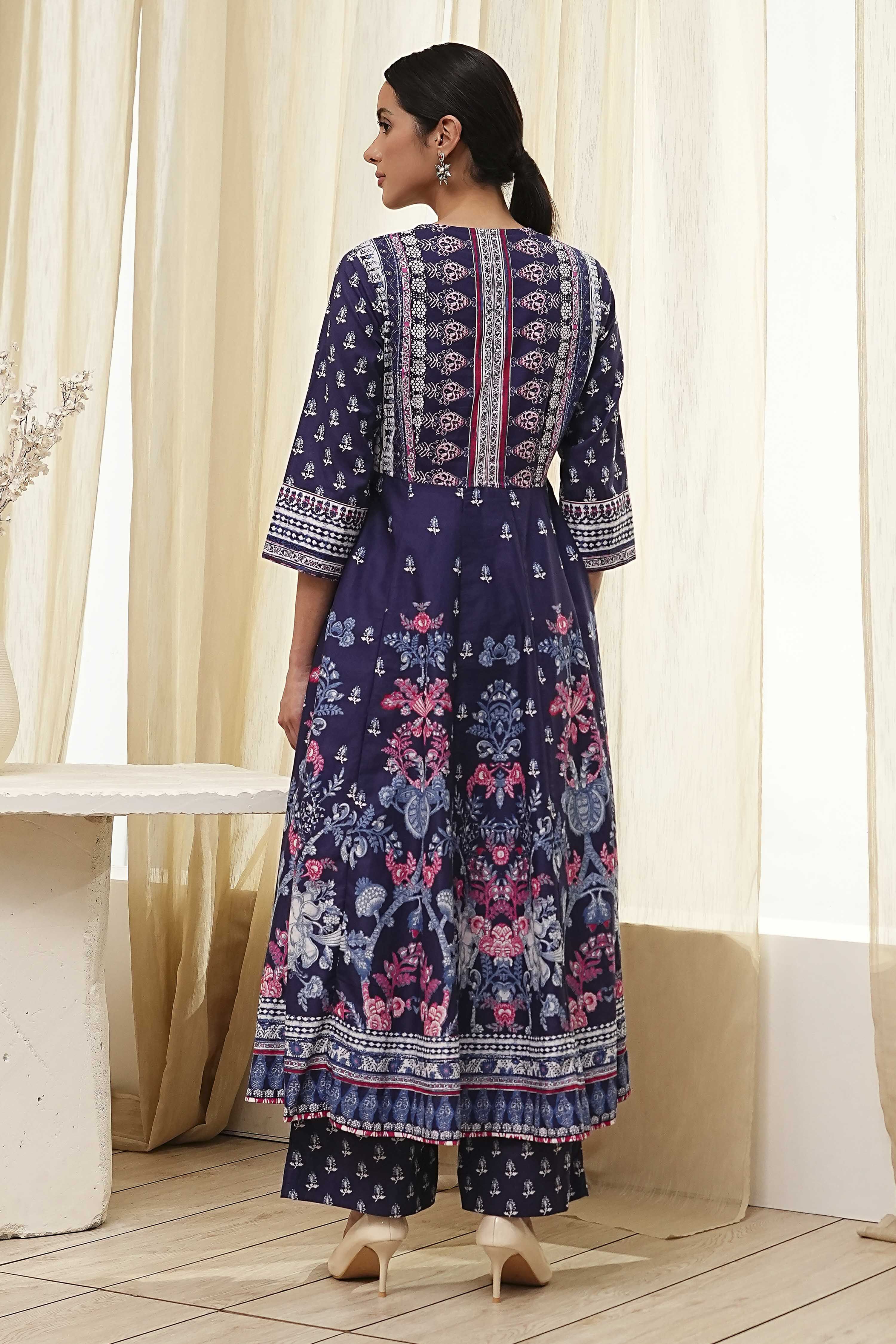 Indigo Cotton Floral Anarkali Suit Set image number 4