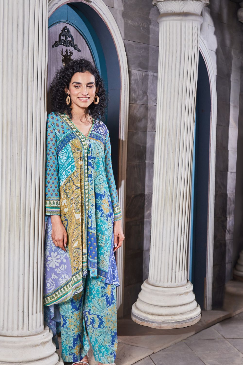 Yellow Printed Asymmetric Kurta & Palazzo Suit Set image number 0
