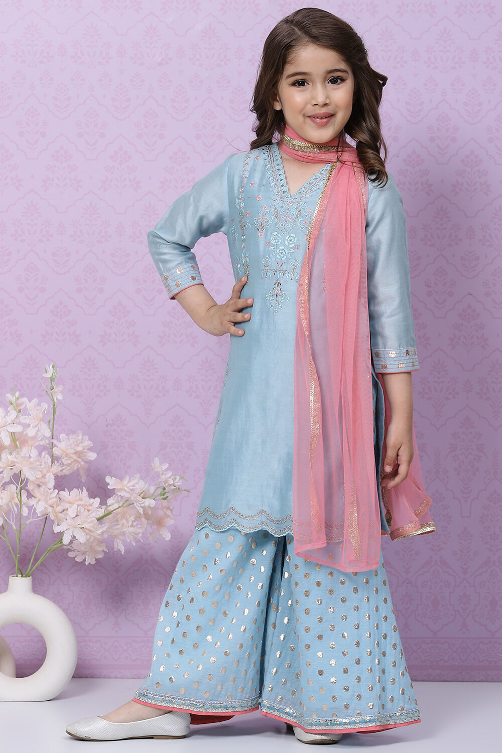 Blue Art Silk Straight Kurta Sharara Suit Set image number 0