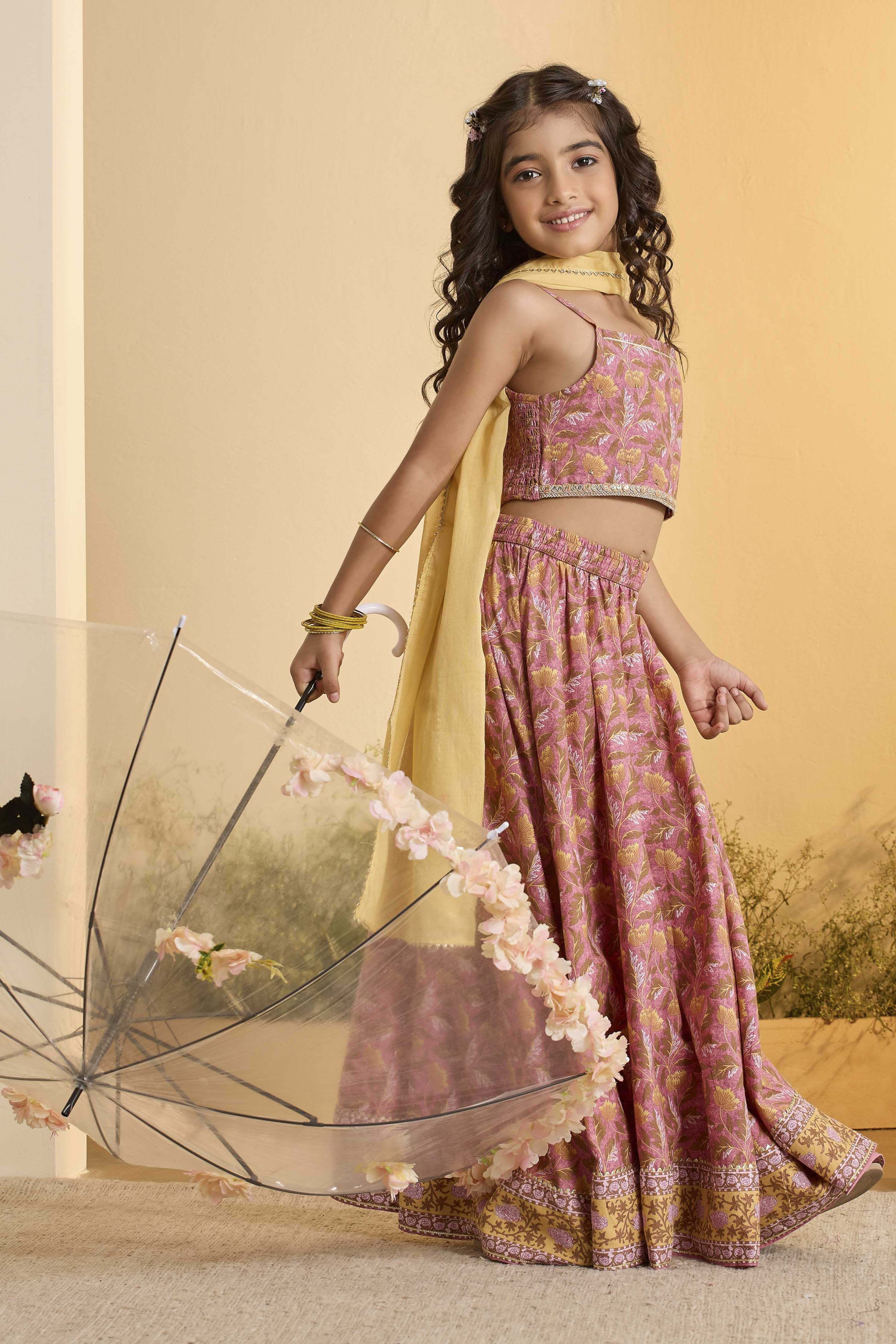 Peach Cotton Printed Gathered Lehenga Set image number 7