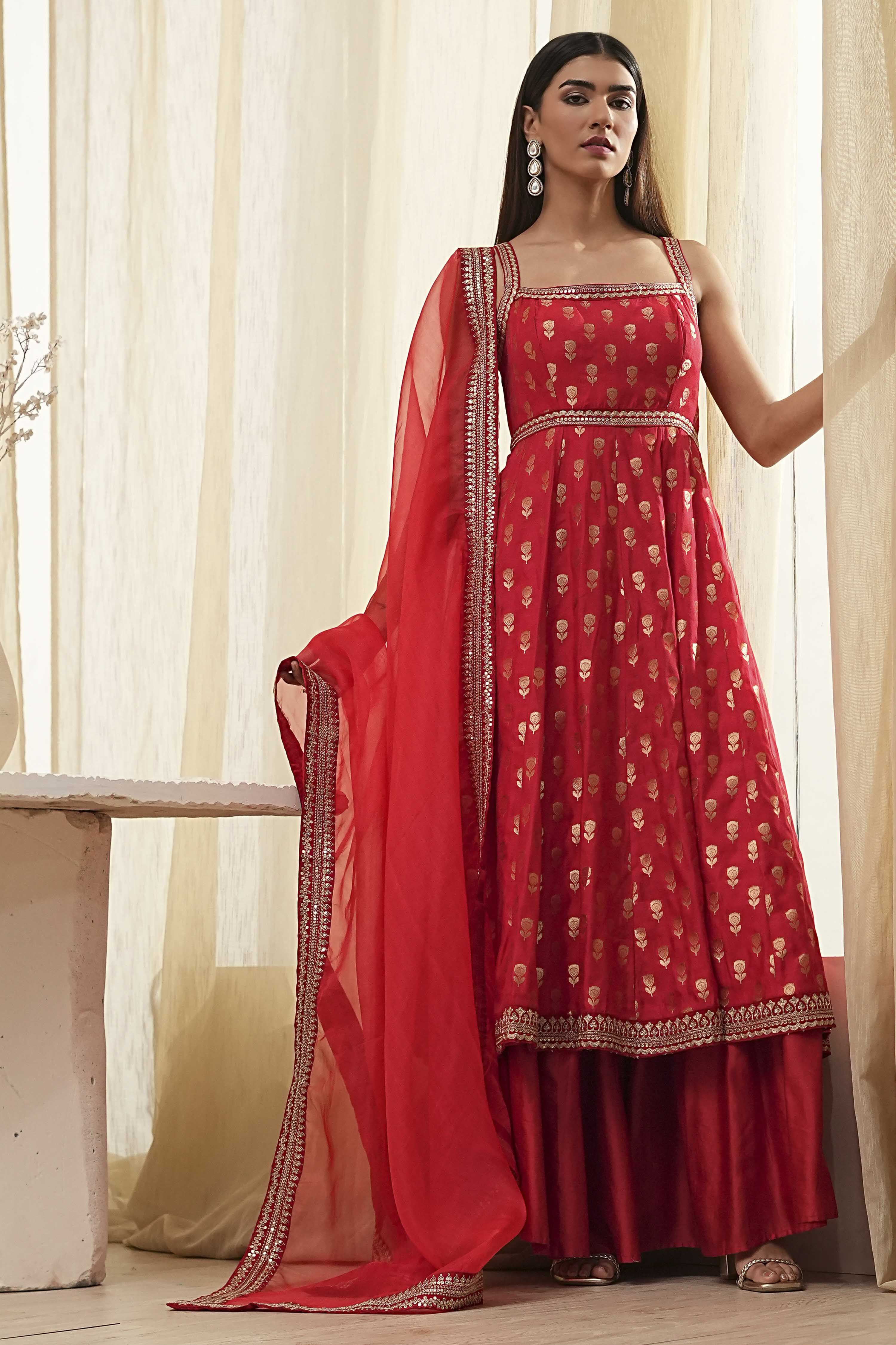 Red Yarn-Dyed Strappy Anarkali Suit Set image number 0