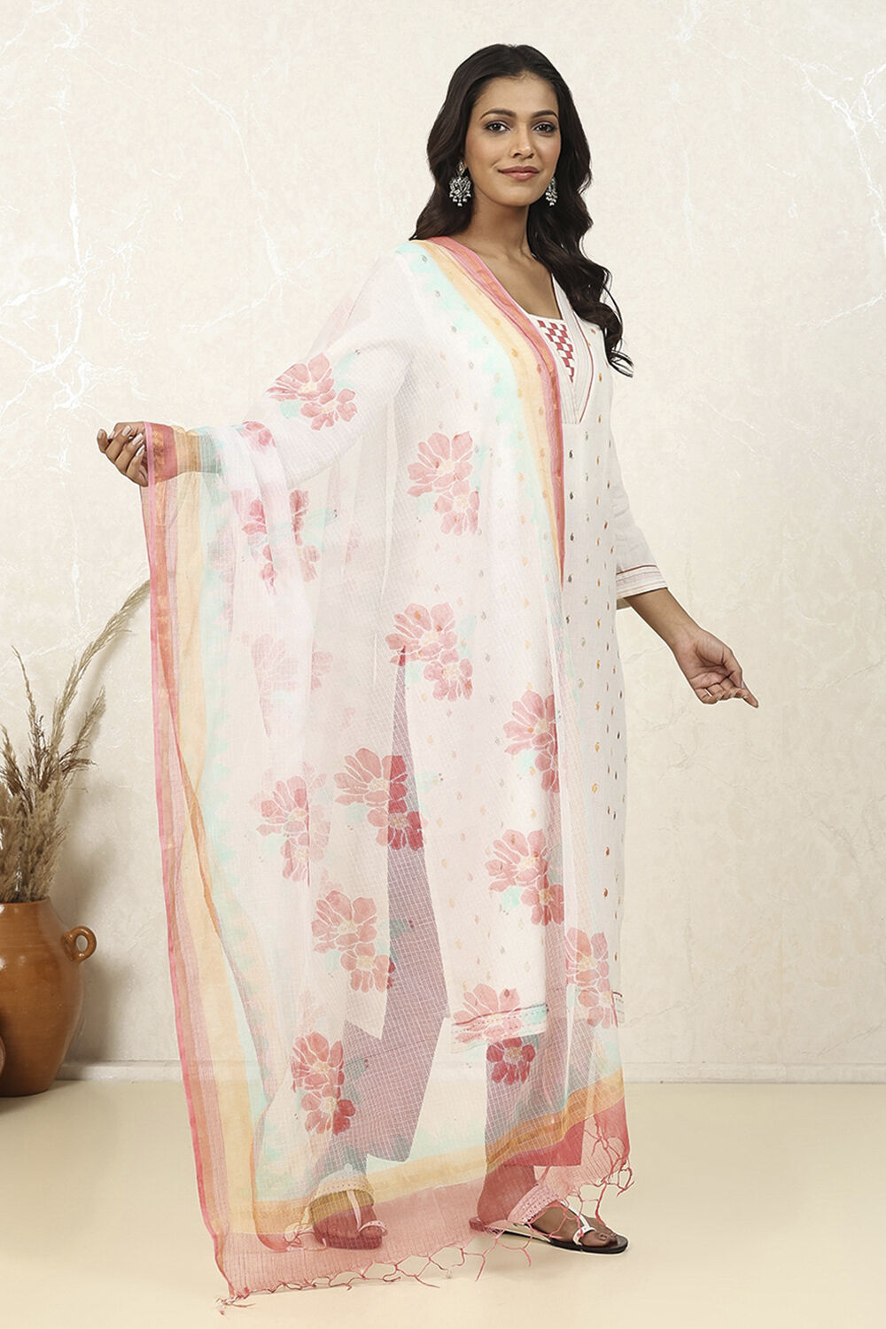 White Cotton Machine Embroidered Unstitched Suit Set image number 4