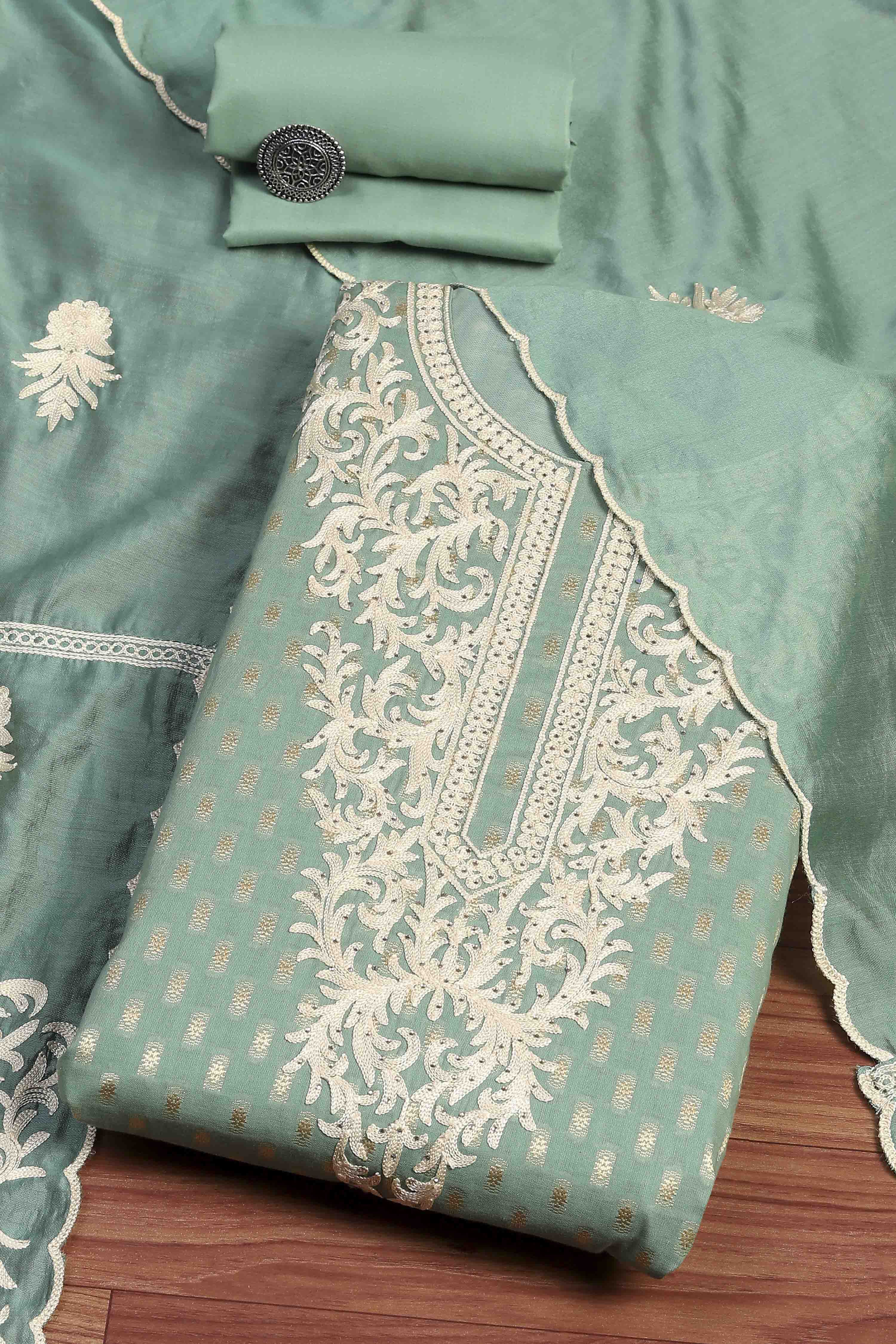 Peach Cotton Blend Thread Embroidered Unstitched Suit Set image number 0