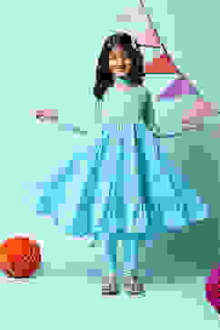 Turquoise Cotton Blend Tiered Kurta Churidar Suit Set image number 0