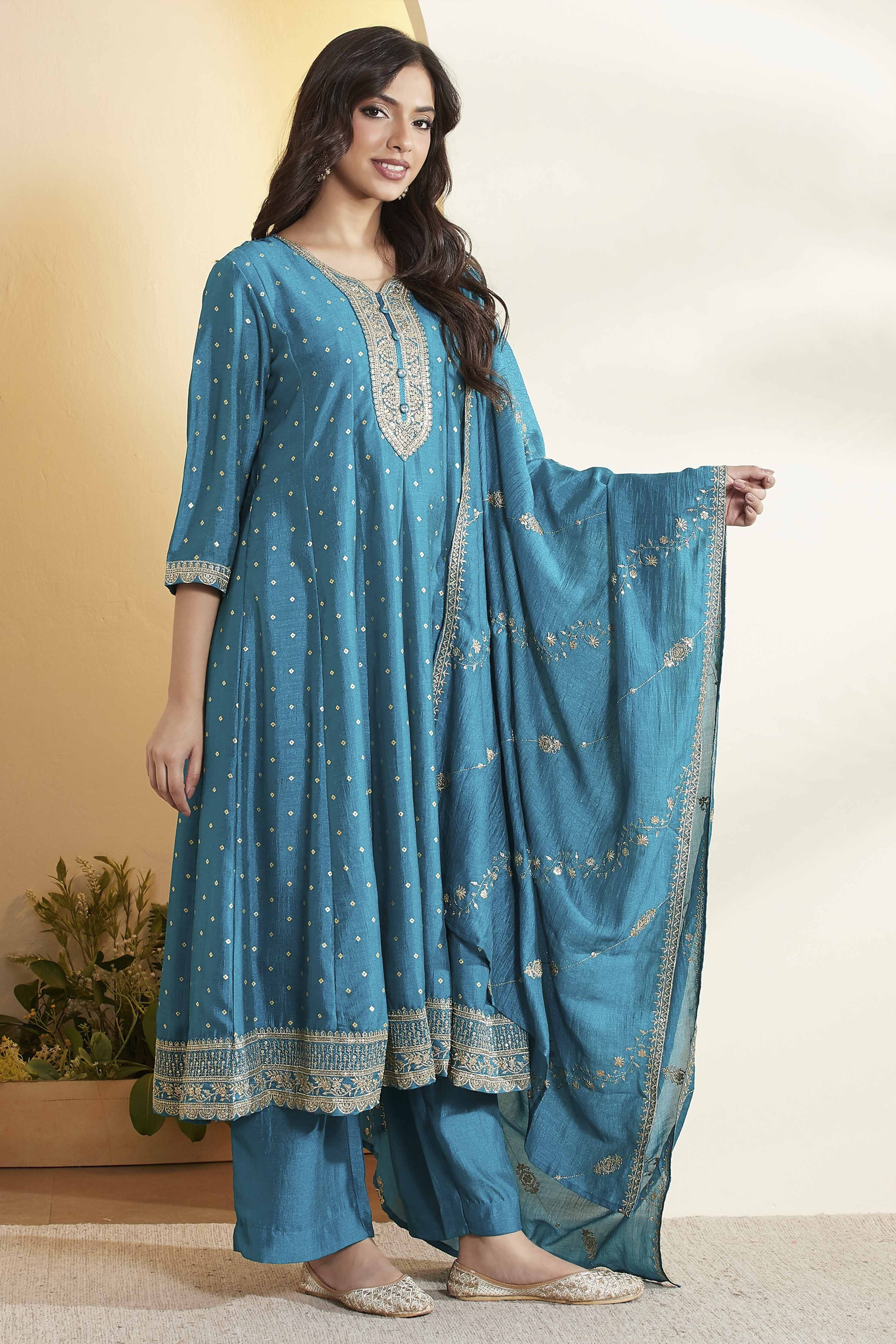 Blue Cotton Kalidar Suit Set image number 5