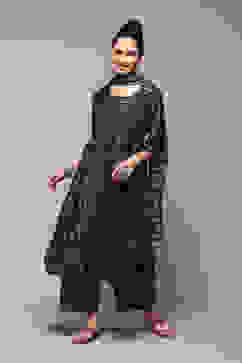 Navy Poly Cotton Layered Kurta Palazzo Suit Set image number 8