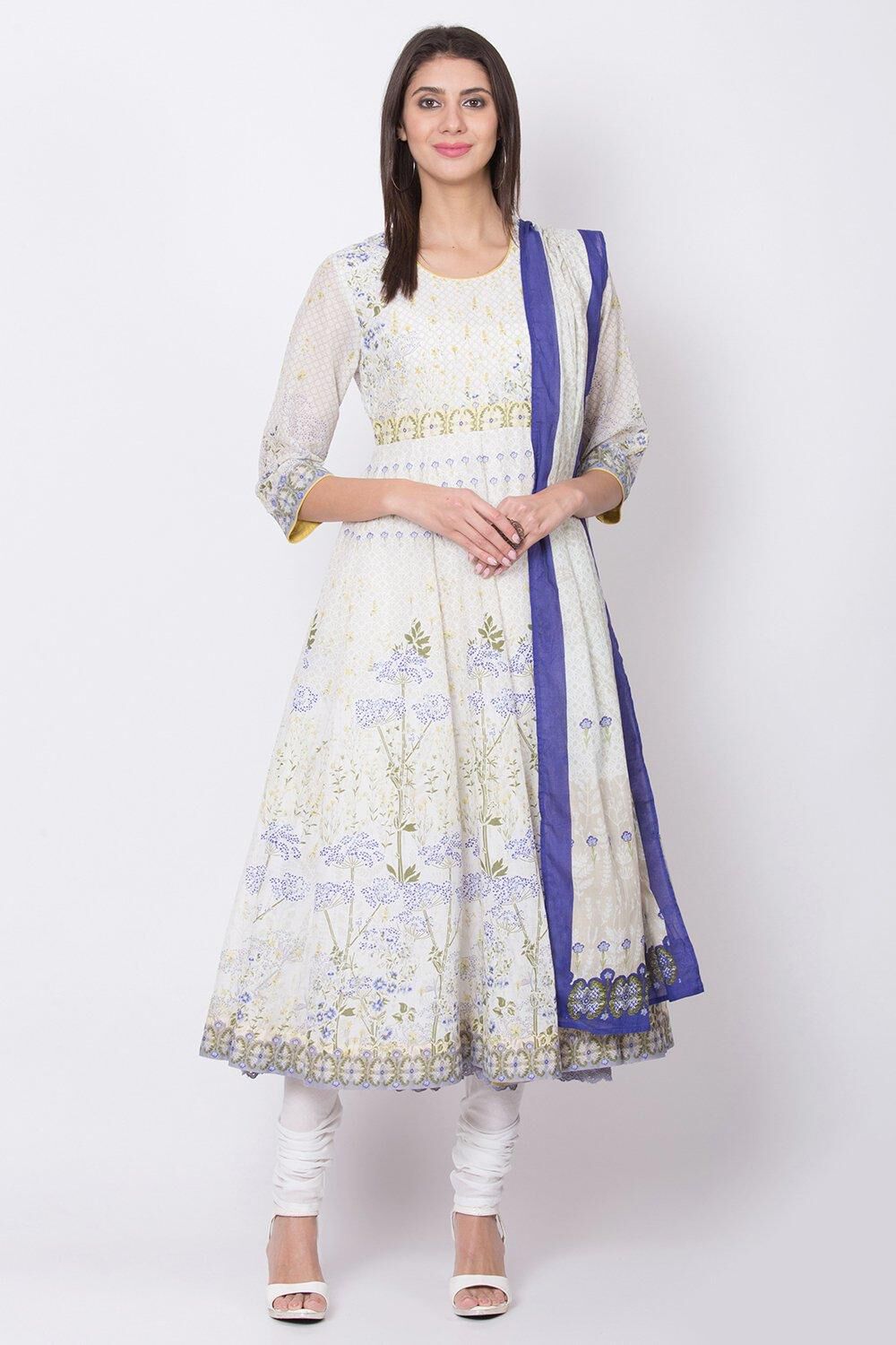 Off White Straight Kurta Churidar Suit Set image number 0