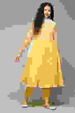Yellow Cotton Anarkali Kurta Pants Suit Set image number 6